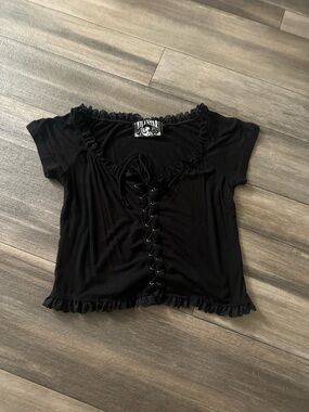 Killstar Black Lace-Up Ruffle Crop Top